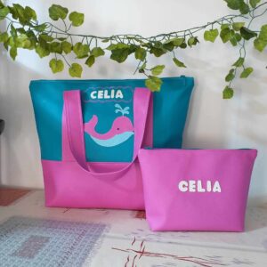 DUO SAC CABAS MOTIF BALEINE +TROUSSE  DE TOILETTE  ASSORTIE